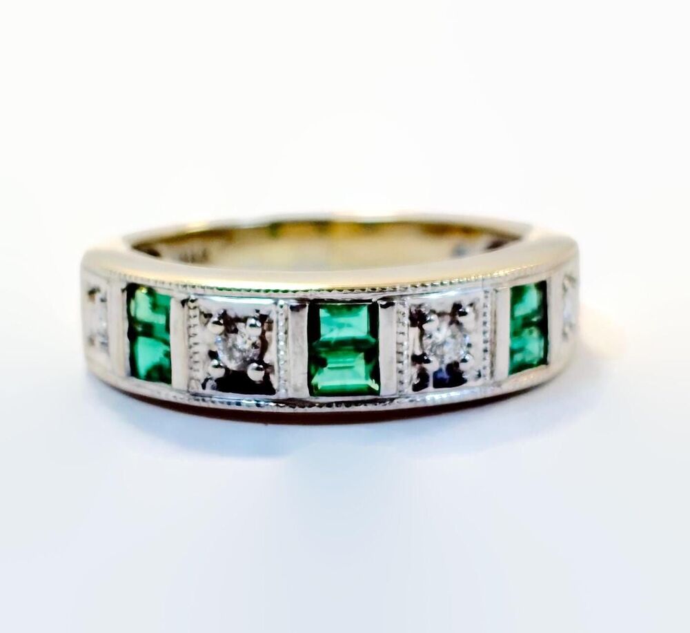 Emerald Ring Band, 14K, Diamond, White Gold, Vintage, Half Eternity Band